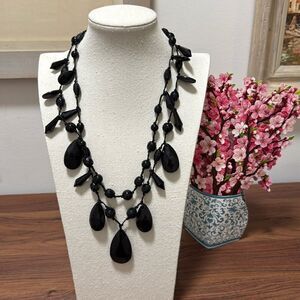 Joan Rivers Signed Vintage Black Lucite Hand Knotted Faceted Bead Necklace.